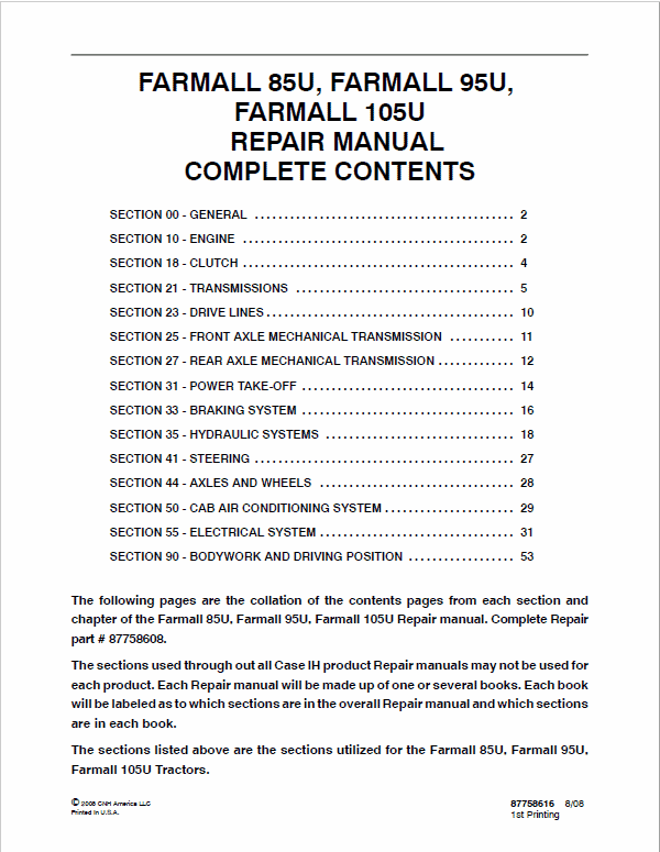 Case Farmall 85U, 95U, 105U, 115U Tractor Service Manual Workshop Guide