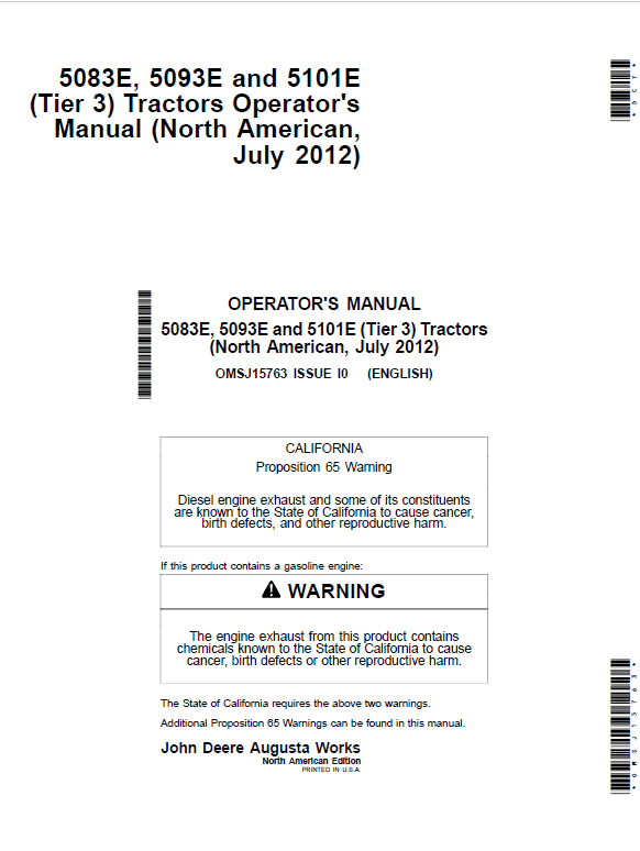 John Deere 5083E, 5093E, 5101E Tractors Repair Technical Manual Workshop Guide