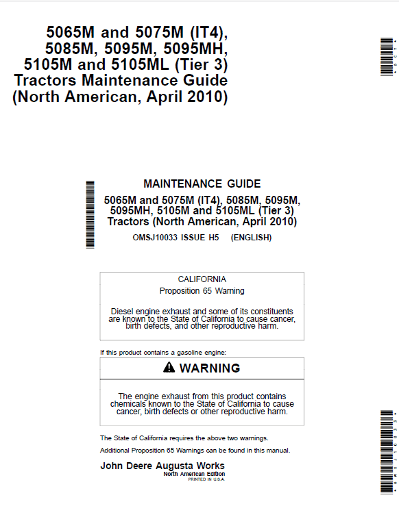 John Deere 5100M, 5100MH, 5100ML, 5115M, 5115ML (IT4) Tractors Repair Manual Workshop Guide