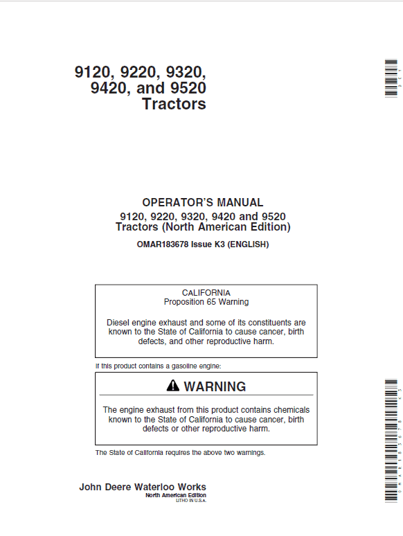 John Deere 9120, 9220, 9320 Tractors Repair Technical Manual Workshop Guide