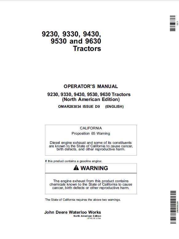 John Deere 9230, 9330, 9430, 9530, 9630 Tractors Repair Technical Manual Workshop Guide