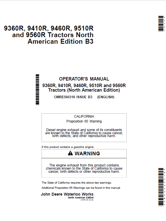 John Deere 9360R, 9410R, 9460R, 9510R, 9560R Tractors Repair Manual Workshop Guide