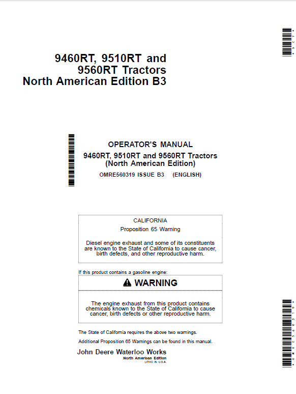 John Deere 9460RT, 9560RT, 9560RT Tractors Repair Technical Manual Workshop Guide