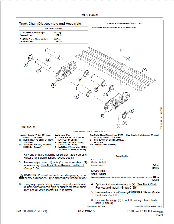 John Deere E130, E140LC Excavator Repair Technical Manual (SN. after DXXXXXX – ) Workshop Guide