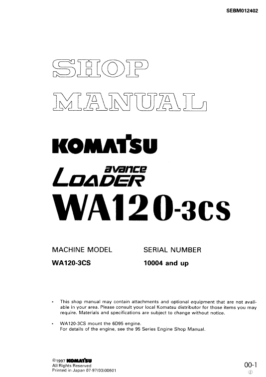 Komatsu WA120-3, WA120-3CS Wheel Loader Service Manual Workshop Guide