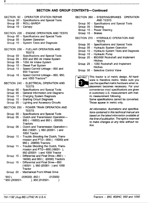 John Deere 850, 900HC, 950, 1050 Tractors Technical Manual (TM1192) Workshop Guide