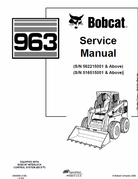 Bobcat 963 Skid-Steer Loader Service Manual Workshop Guide