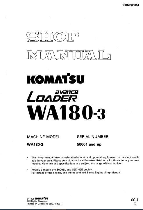 Komatsu WA180-3, WA180L-3 Wheel Loader Service Manual Workshop Guide