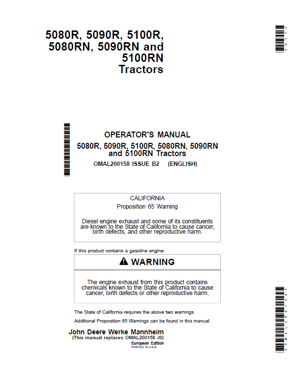 John Deere 5080R, 5080RN, 5090R, 5090RN, 5100R, 5100RN Tractor Repair Manual Workshop Guide