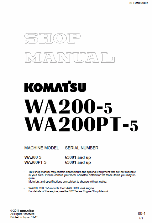 Komatsu WA200-5H, WA200PT-5L, WA200-5L, WA200-5 Loader Service Manual Workshop Guide