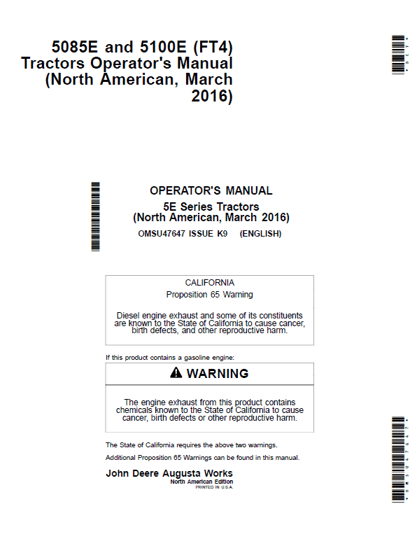 John Deere 5085E, 5100E, 5090E, 5090EL (FT4) Tractors Repair Technical Manual Workshop Guide