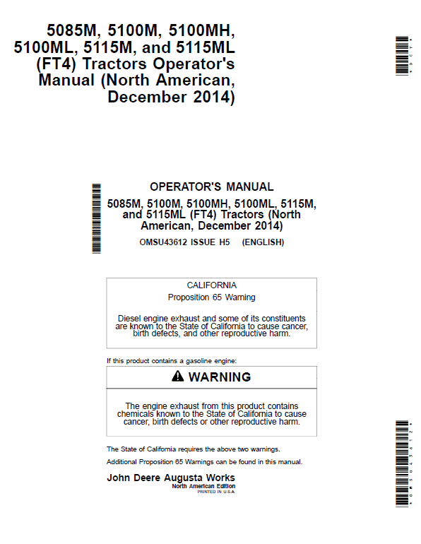John Deere 5085M, 5100M, 5100MH, 5100ML, 5115M, 5115ML (FT4) Tractors Repair Manual Workshop Guide