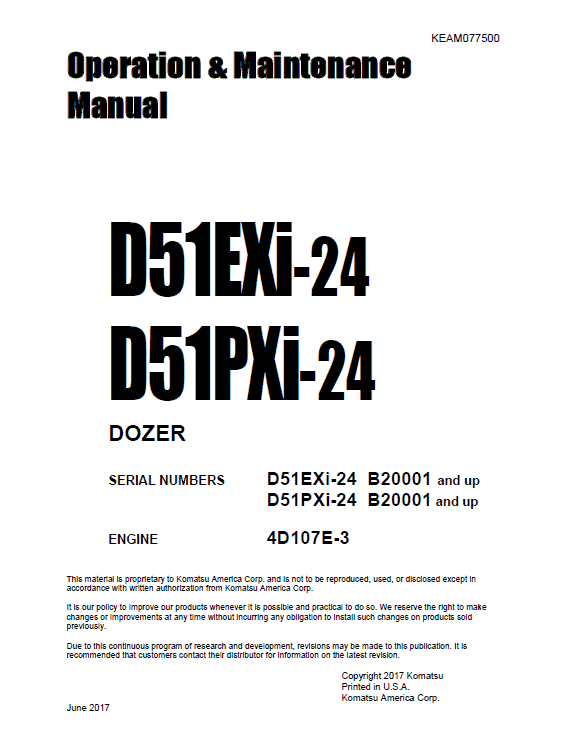 Komatsu D51EXi-24, D51PXi-24 Dozer Service Manual Workshop Guide