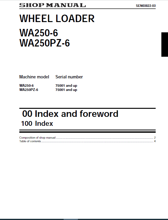 Komatsu WA250-6, WA250PZ-6 Wheel Loader Service Manual Workshop Guide