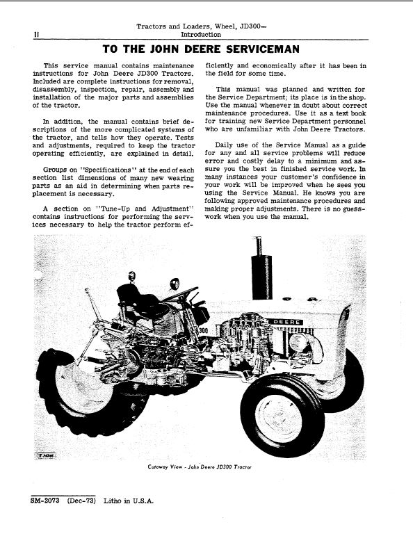 John Deere JD300 Tractor Repair Technical Manual (SM2073) Workshop Guide