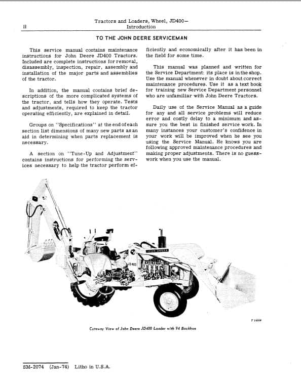 John Deere JD400 Tractor Repair Technical Manual (SM2074) Workshop Guide