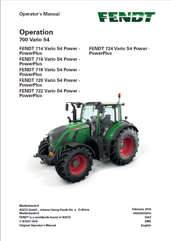 Fendt 714, 716, 718, 720, 722, 724 Vario S4 Tractors Workshop Repair Manual