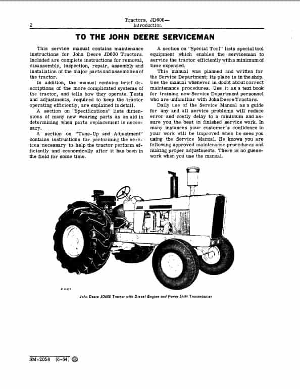 John Deere JD600 Tractor Repair Technical Manual (SM2058) Workshop Guide