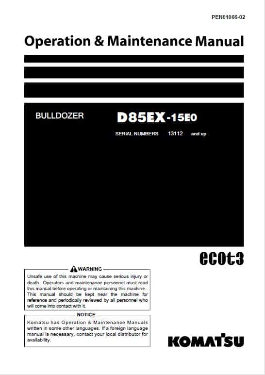 Komatsu D85EX-15E0, D85PX-15E0 Dozer Service Manual Workshop Guide