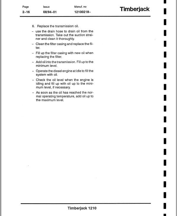 Timberjack 1210 Forwarder Service Repair Manual (12100218 and Up) Workshop Guide
