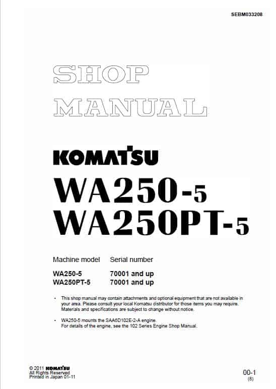 Komatsu WA250-5, WA250PT-5, WA250-5H Wheel Loader Service Manual Workshop Guide