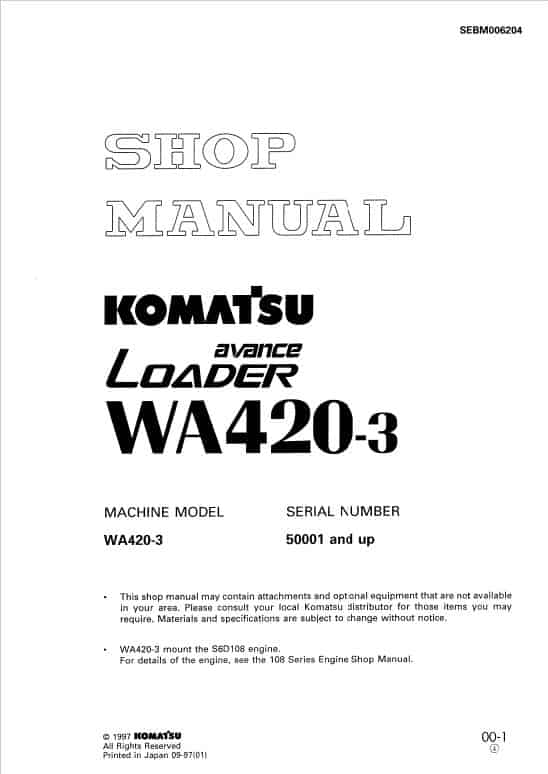 Komatsu WA420-3 Wheel Loader Service Manual Workshop Guide