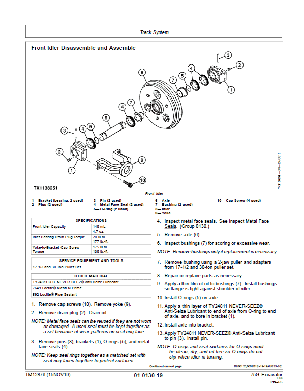 John Deere 75G Excavator Repair Technical Manual (S.N after J015001 – ) Workshop Guide