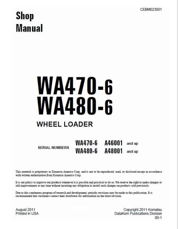 Komatsu WA470-6, WA480-6, WA470-6LC, WA480-6LC Loader Service Manual Workshop Guide
