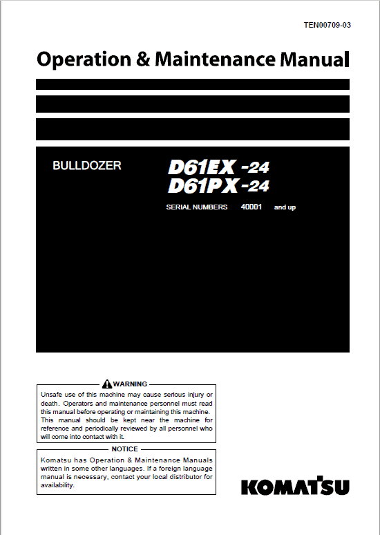 Komatsu D61EX-24, D61PX-24 Dozer Service Manual Workshop Guide