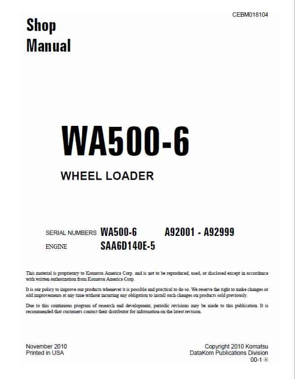 Komatsu WA500-6, WA500-6R, WA500-6, WA500-6RR Wheel Loader Service Manual Workshop Guide