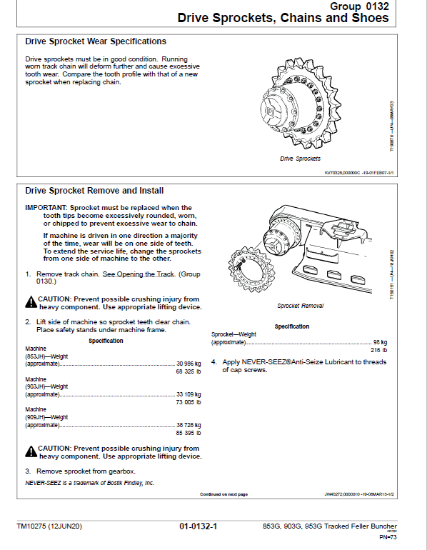 John Deere 853G, 850, 903G, 900, 953G, 950 Tracked Feller Buncher Technical Manual Workshop Guide