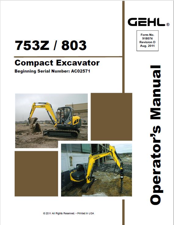 Gehl GE 803 Compact Excavator Repair Service Manual