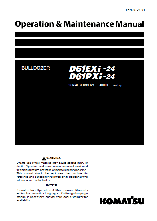 Komatsu D61EXi-24, D61PXi-24 Dozer Service Manual Workshop Guide