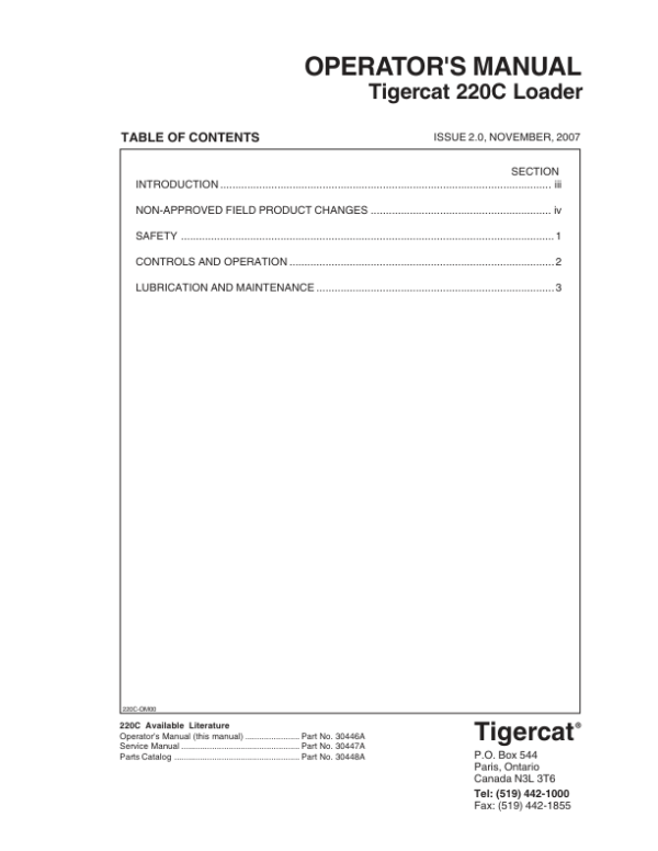 Tigercat 220C Loader Repair Service Manual (2200501 – 2200600)