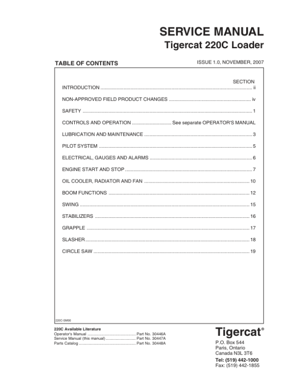 Tigercat 220C Loader Repair Service Manual (2200501 – 2200600)