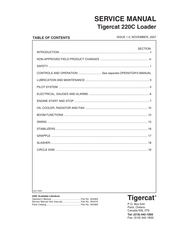 Tigercat 220C Loader Repair Service Manual (2200501 – 2200600)