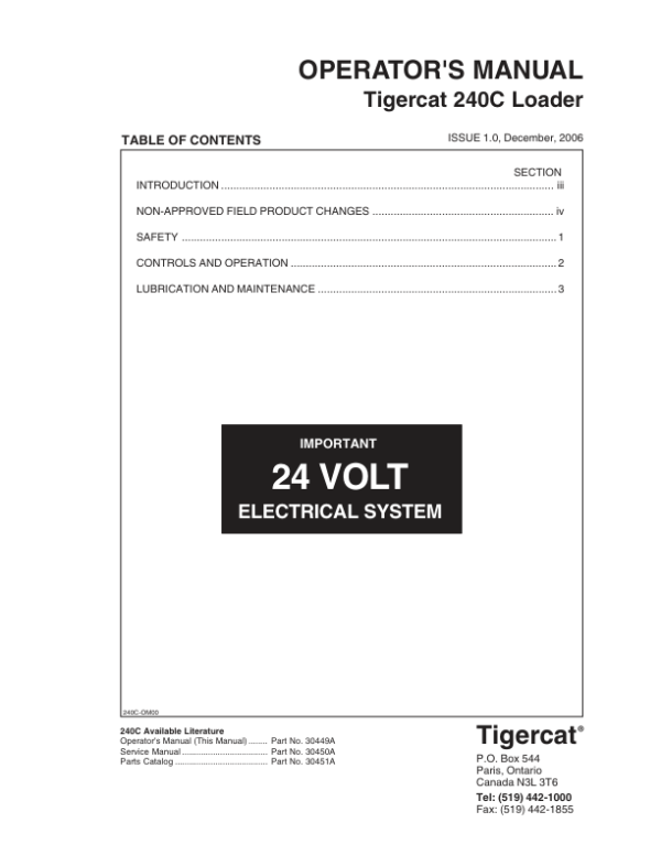 Tigercat 240C Loader Operators Manual (2401501 – 2402000)