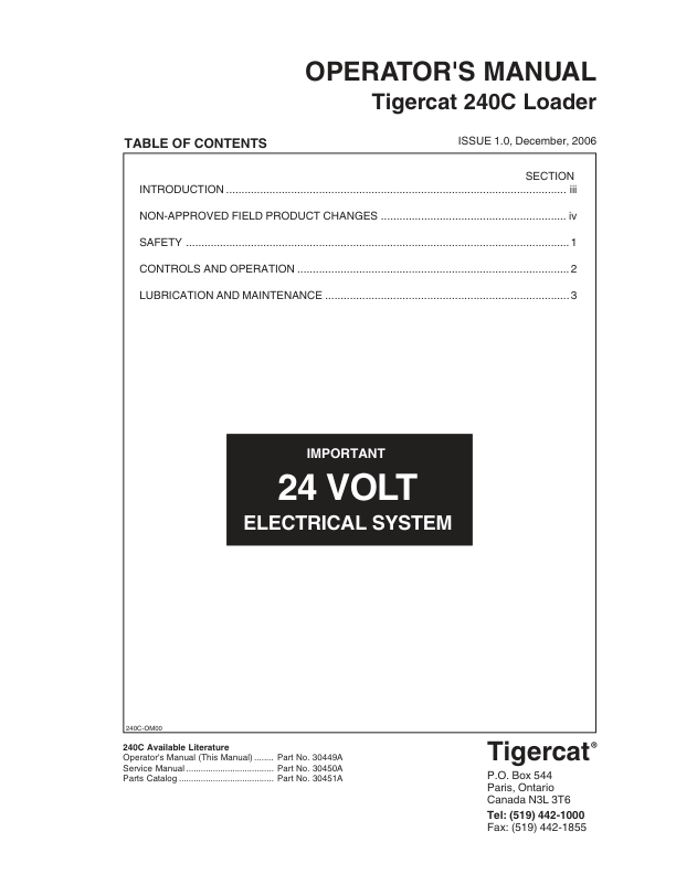Tigercat 240C Loader Operators Manual (2401501 – 2402000)