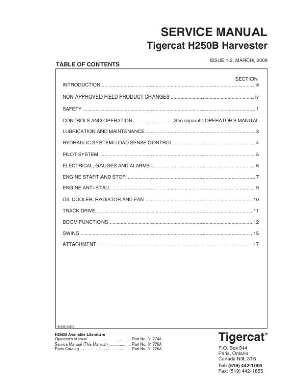 Tigercat H250B Harvester Repair Service Manual (250H0101 – 250H2000)