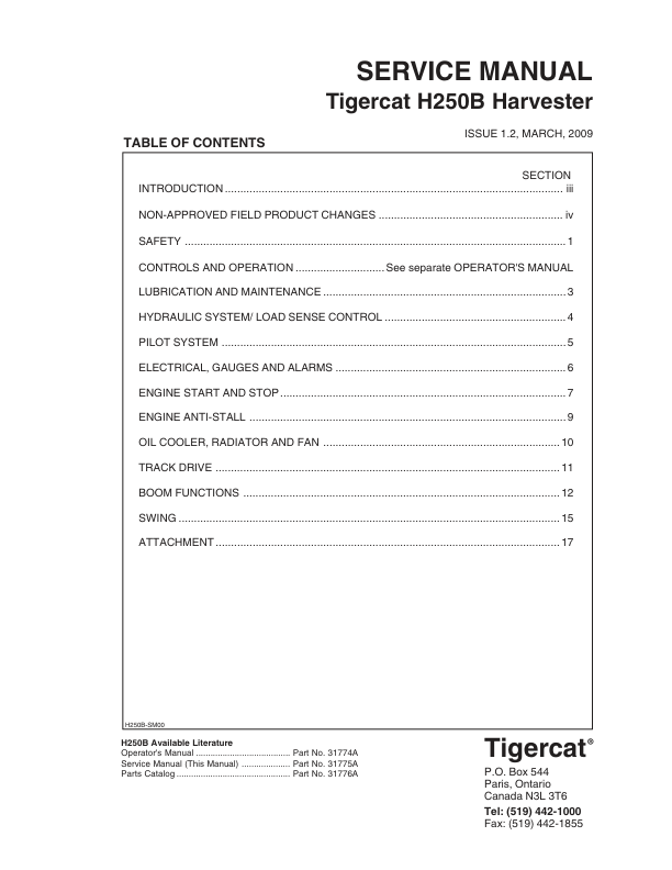 Tigercat H250B Harvester Repair Service Manual (250H0101 – 250H2000)
