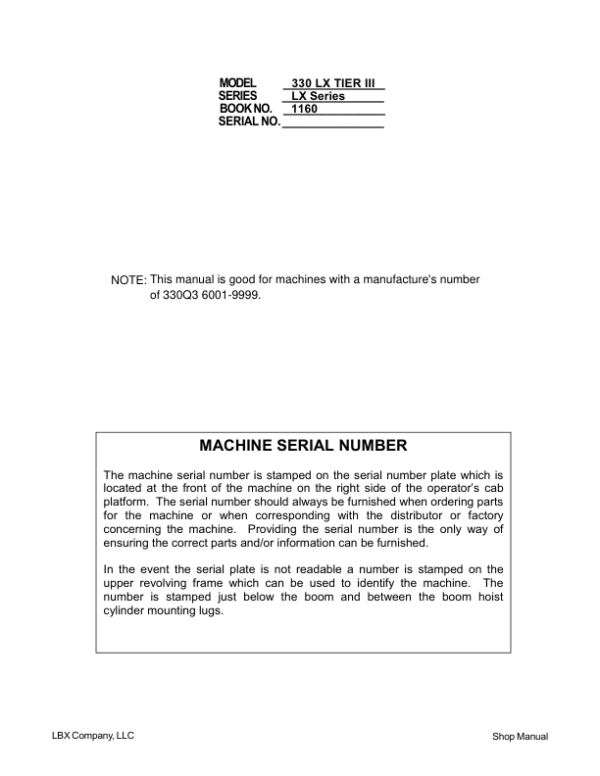 Linkbelt 330LX (Tier 3) Excavator Service Repair Manual Workshop Guide