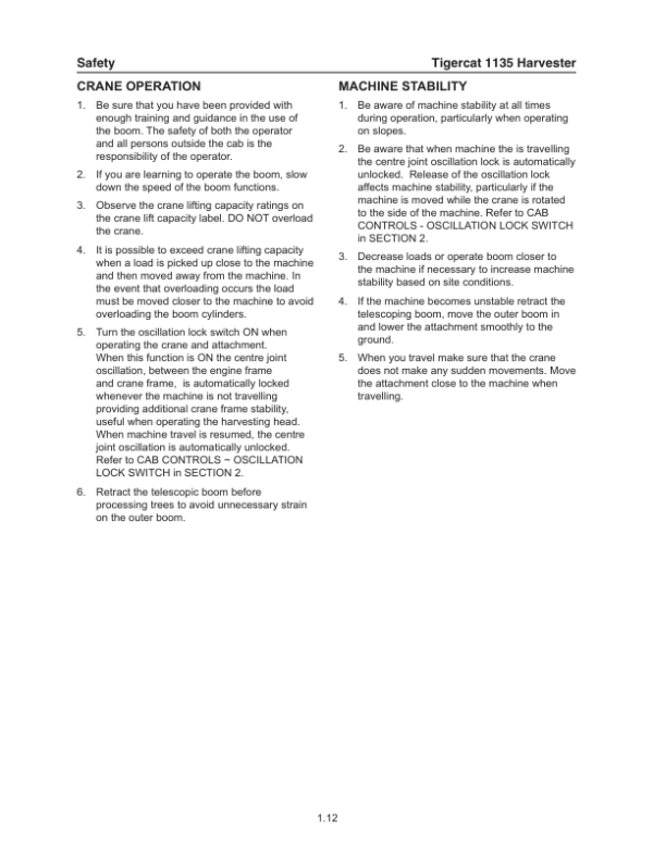 Tigercat 1135 Harvester Operators Manual (11350101 – 11350500)