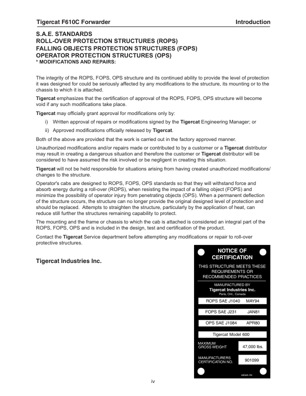 Tigercat F610C Forwarder Operators Manual