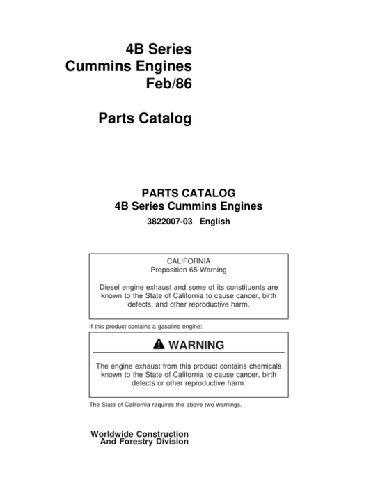 John Deere 4B3.9, 4BT3.9, 4BTA3.9 Cummins Engines Parts Catalog Manual – 3822007-03 Workshop Guide