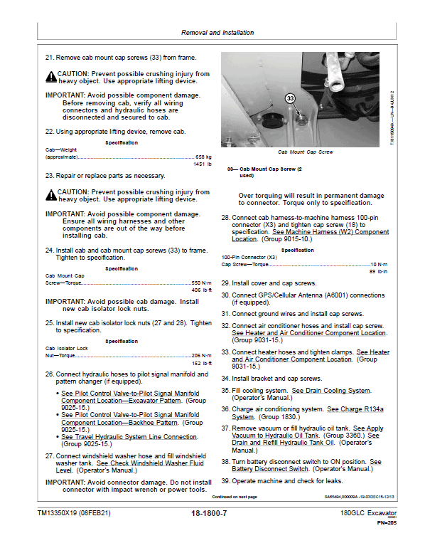 John Deere 180GLC Excavator Repair Technical Manual (S.N after F020331 -) Workshop Guide