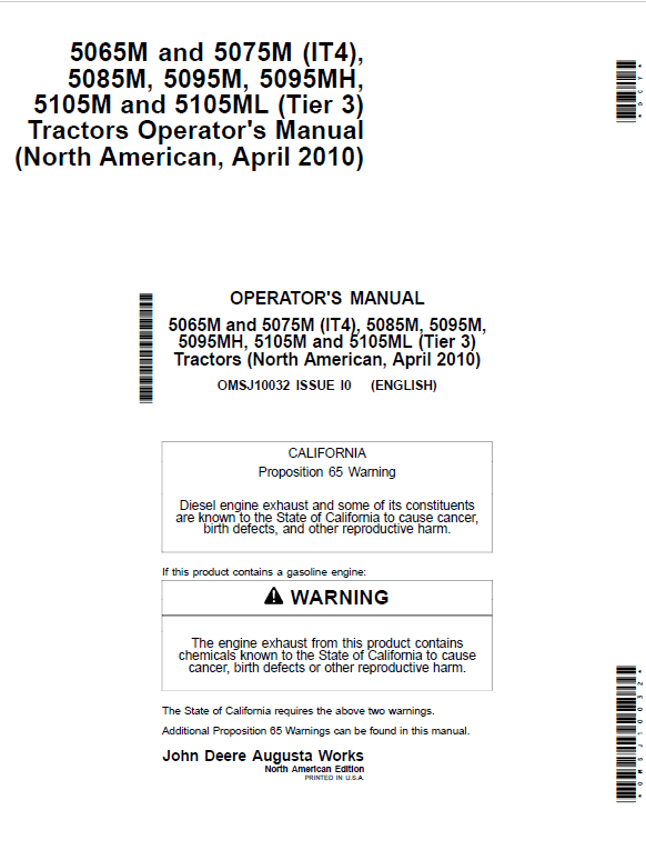 John Deere 5100M, 5100MH, 5100ML, 5115M, 5115ML (IT4) Tractors Repair Manual Workshop Guide