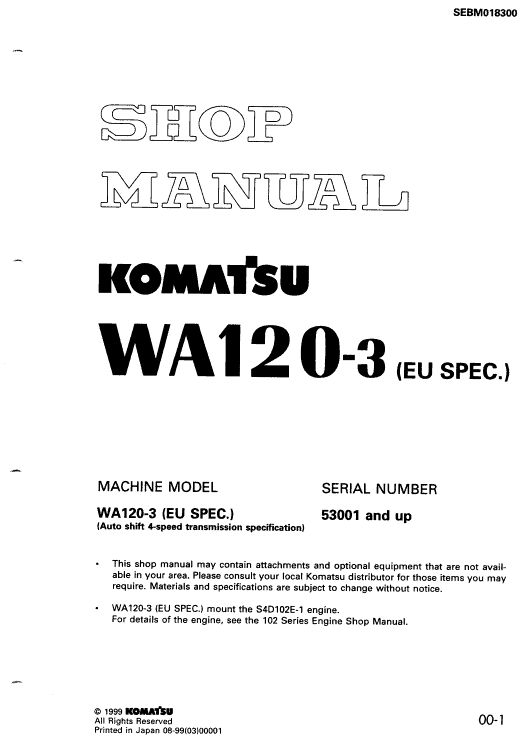 Komatsu WA120-3, WA120-3CS Wheel Loader Service Manual Workshop Guide
