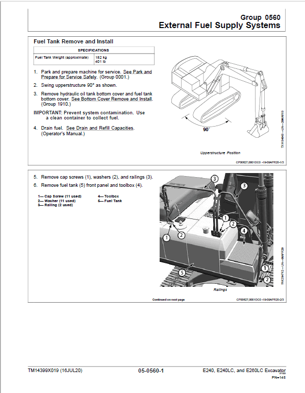 John Deere E240, E240LC, E260LC Excavator Repair Manual (See Applicable Serial) Workshop Guide