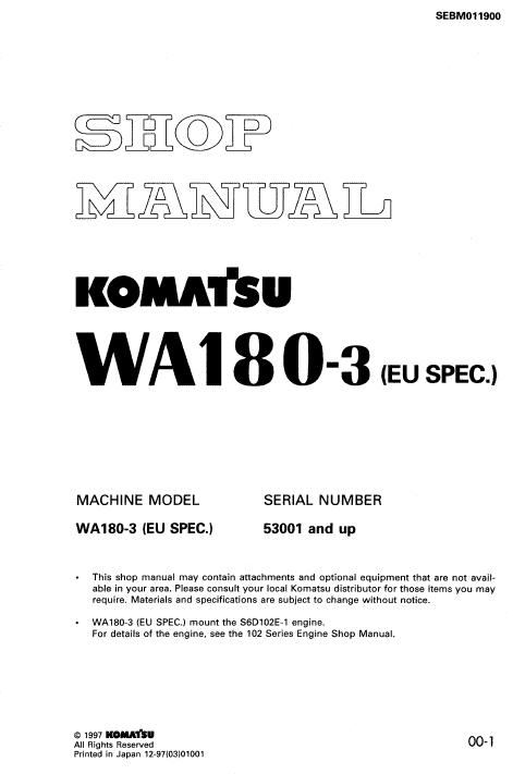 Komatsu WA180-3, WA180L-3 Wheel Loader Service Manual Workshop Guide