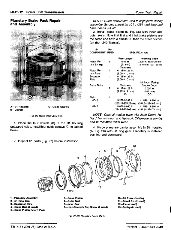 John Deere 4040, 4240 Tractors Repair Technical Manual Workshop Guide